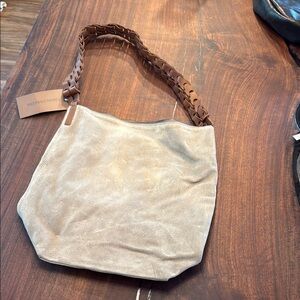 Woven-Handle Suede Shoulder Bag - Beige